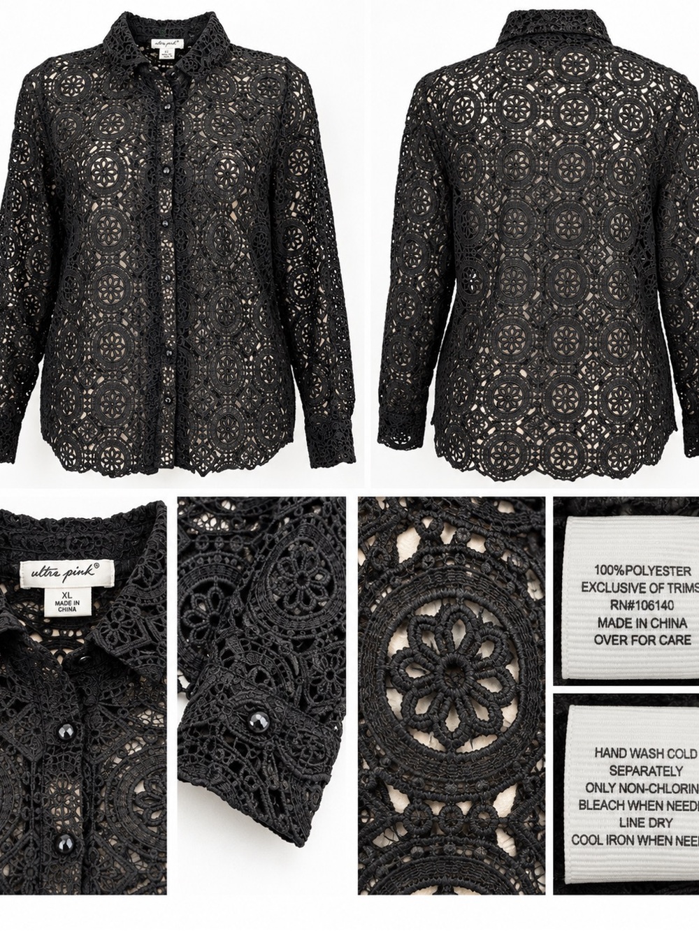 Ultra Pink Black Crochet Lace Button-Down Shirt